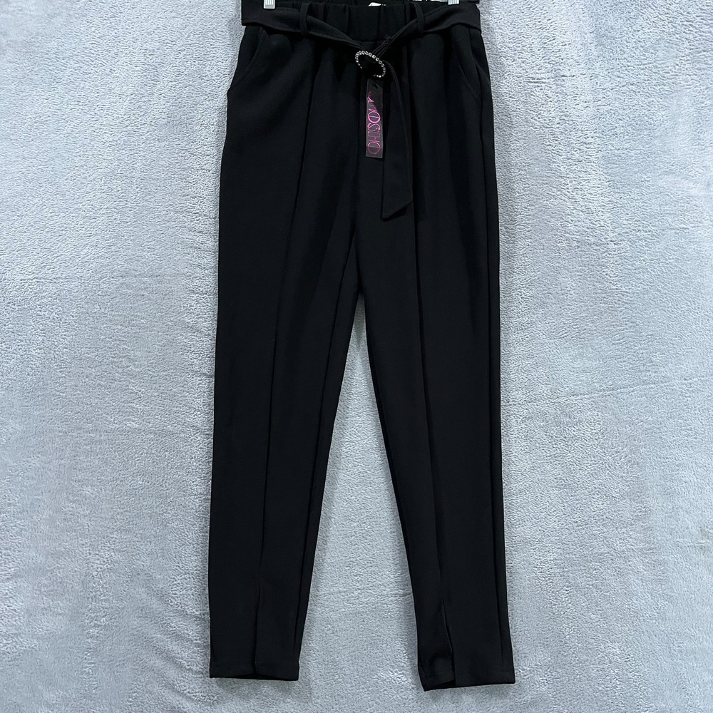 ShoSho Black Pull On Pants Womens Medium Stretch Split Hem Belted Rhinestone